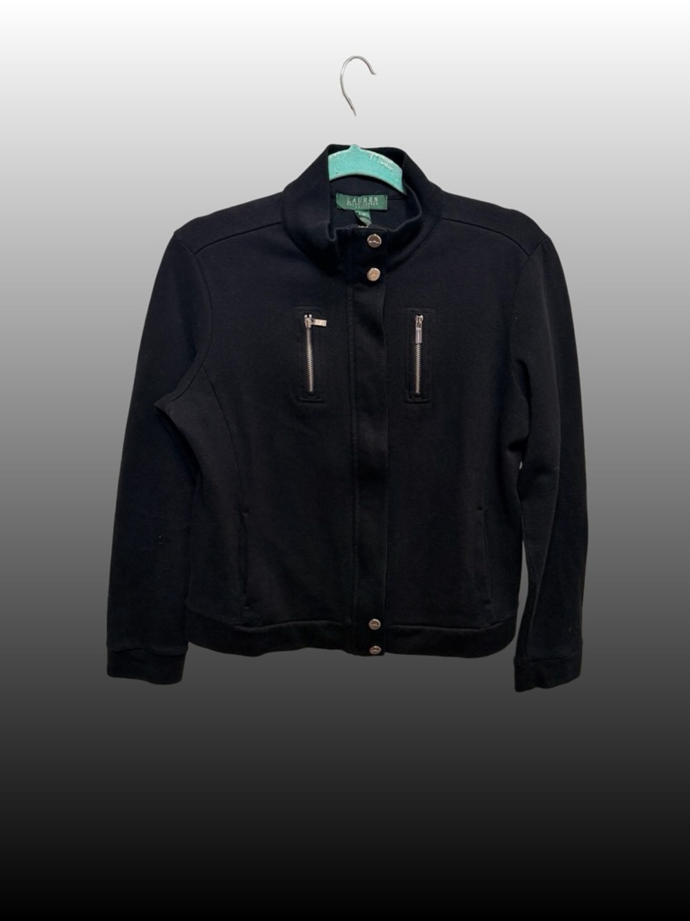Lauren Ralph Lauren Petite Zip Jacket PM Black 100% Cotton Silver Hardware - Picture 2 of 7
